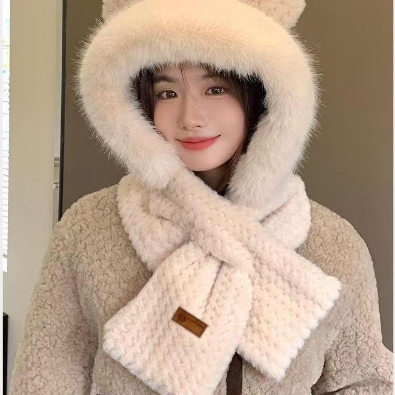 Winter New Cute Fluffy Integrated Hat Thickened Warm Cycling Plush Hat Two-piece Set Scarf Ear Protection Women's Hat