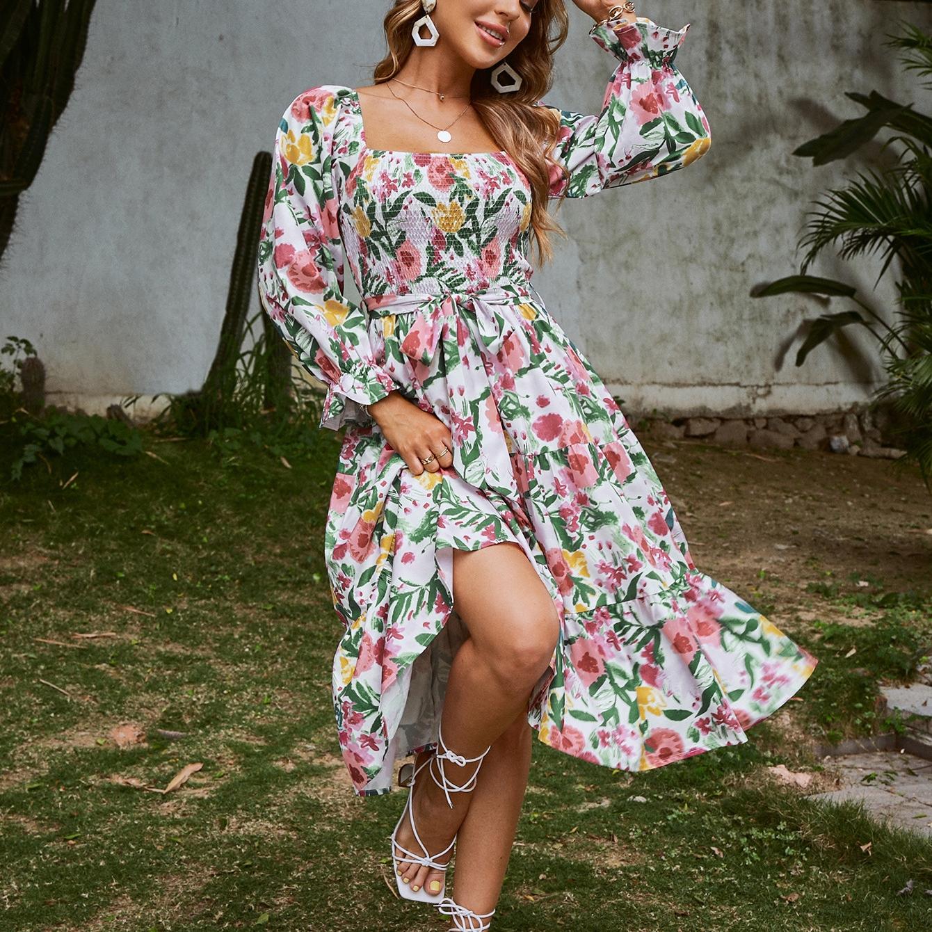 

GMXIA Платье с квадратным вырезом, расклешенным к низу, длинными рукавами и высокой талией, свободное и длинное XXL