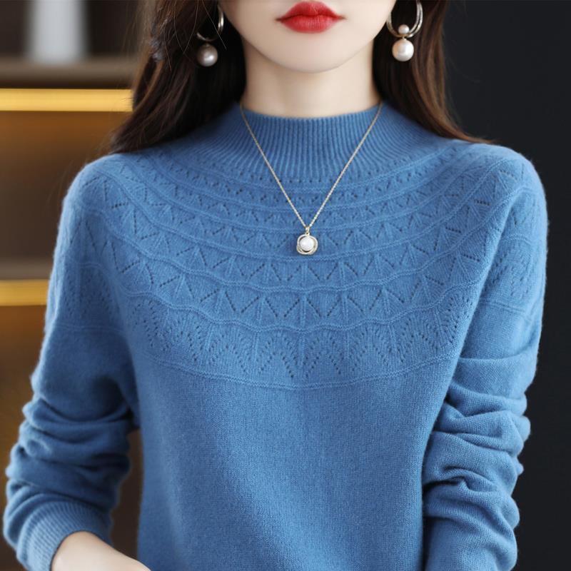 Women's Slimming 100% Wool Half-High Neck Sweater, Seamless Cashmere Knit Base Layer, Autumn Winter Loose Top with Hollow-Out Design
