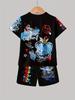 2025 Summer new 3D graffiti bear letter print casual, fashionable, soft, comfortable and lightweight children's set