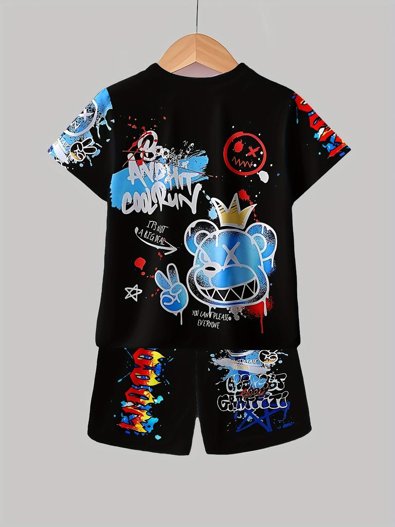 2025 Summer new 3D graffiti bear letter print casual, fashionable, soft, comfortable and lightweight children's set