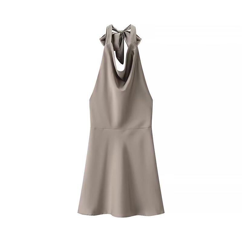 Spring 2025 Women's Fashion: European & American Style Backless Halterneck Silk Satin Short Dress