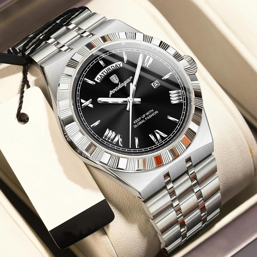 POEDAGAR Luxury Business Man Watch Week Date Waterproof Luminous Watches For Men Stainless Steel Quartz Men's Fashion Wristwatch