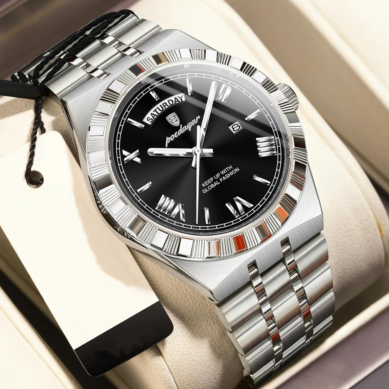 

POEDAGAR Luxury Business Man Watch Week Date Waterproof Luminous Watches For Men Stainless Steel Quartz Men s Fashion Wristwatch срібний/чорний