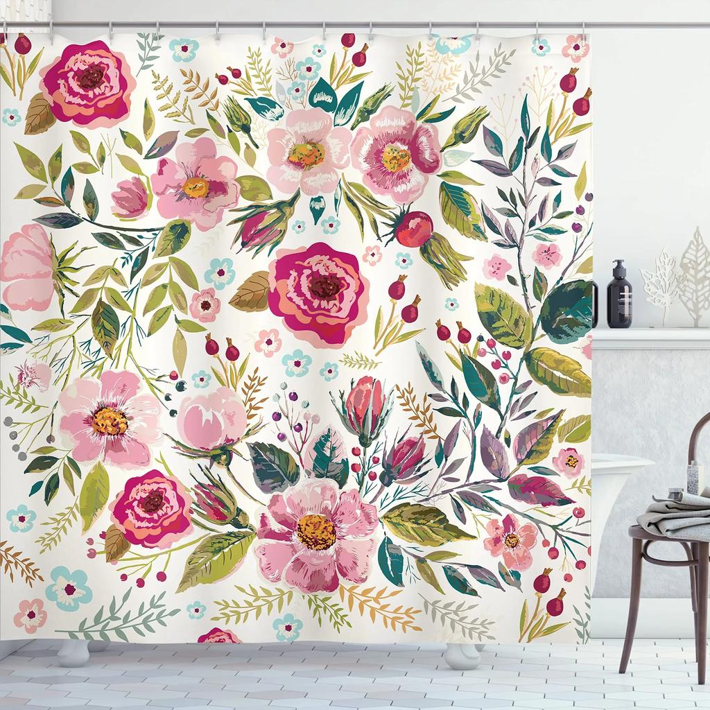 Vintage Garden Art Floral Shower Curtain, Heavy Weight Fabric, Washable Bath Curtains For Bathroom