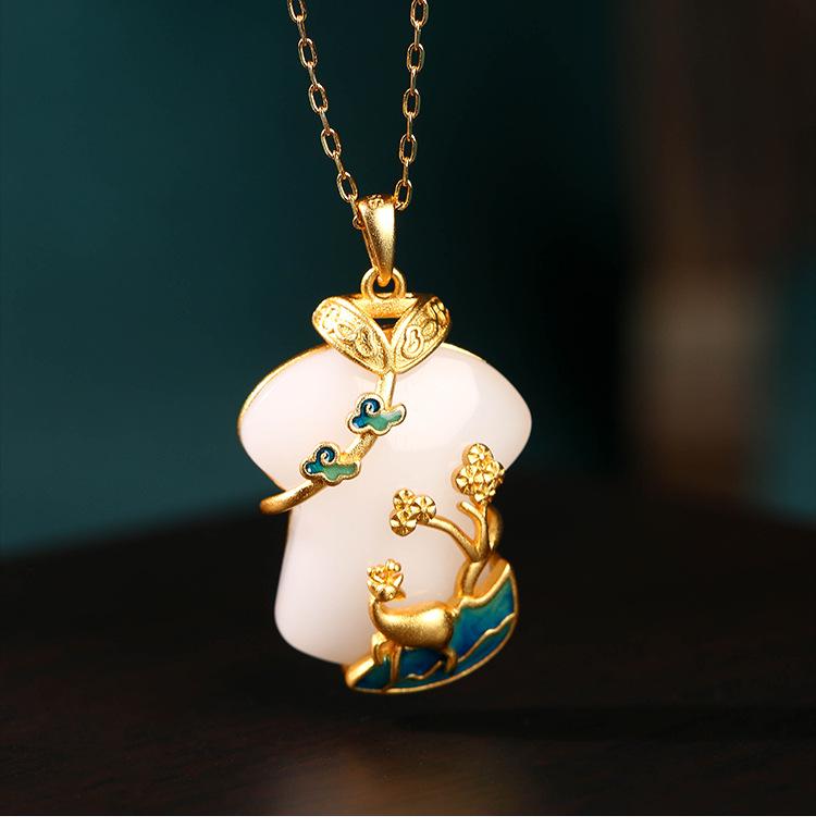 

Новое китайское позолоченное перегородчатое колье с подвеской из белого нефрита и капельной эмалью Electroplated 24K Gold