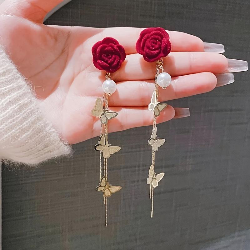 1 Pair Elegant Luxury Floral Stud Earrings with Faux & Rhinestone Tassels, Copper Base & 925 Sterling Silver Posts, Perfect for Women'S Fashion