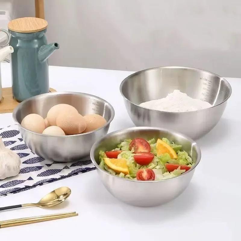 Steel Mixing Bowl Set with Measuring Marks-Large Capacity Non-Slip Base for Cooking,Baking &Food Storage,Essential Kitchen Tools