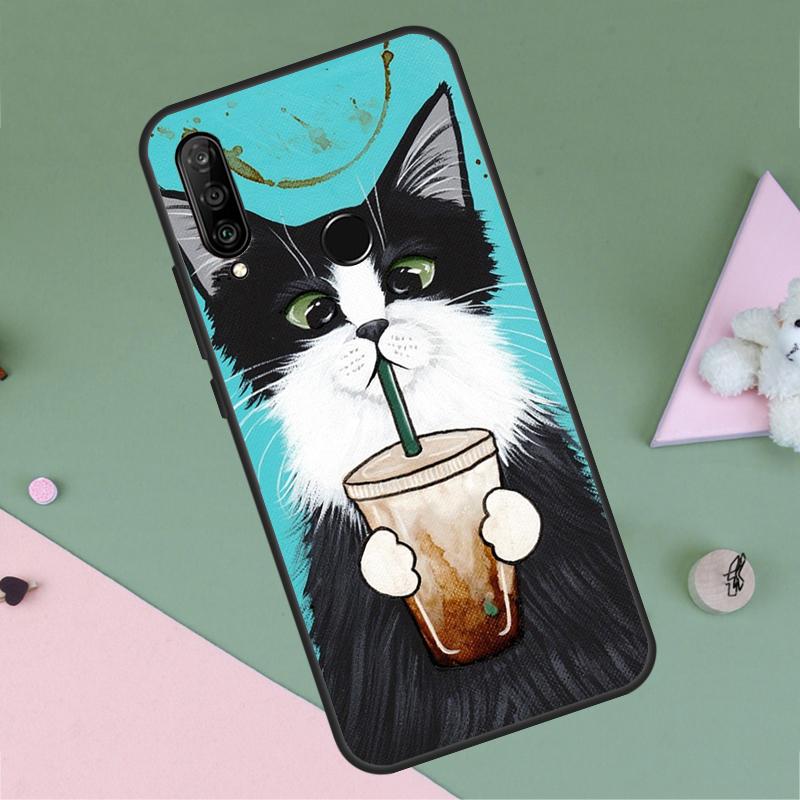 Cute Animal Cat Coffee For Huawei Nova 12i 12s 11i 8i 7i 9 10 SE Y90 Y60 Y70 Y72 Y61 Y91 P30 P40 Lite P60 Pro Case
