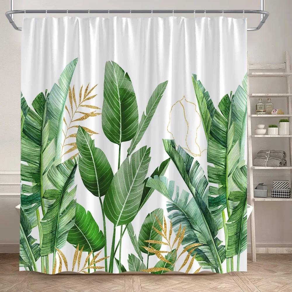Leaves Shower Curtain Green PTropical alm Leaf Monstera Plant Bath Curtains Set Polyester Fabric Home Bathroom Decor with Hooks