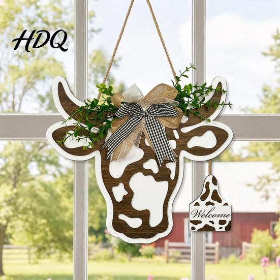 Cow Head Wall Decoration Milk Hanging Sign Rustic Wooden Welcome Sign with Bow And Artificial Pattern Plaque Leaves Door for Front Door Porch,