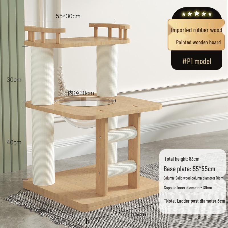 Solid Oak Cat Tree with Wall-Mounted Space Capsule Bed