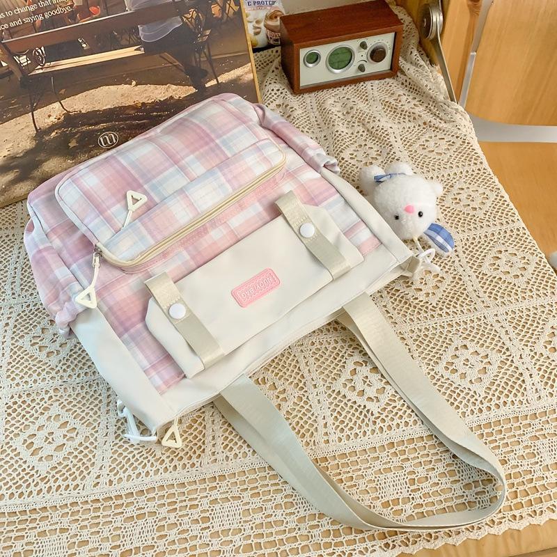 Schoolbag New College Style Women's Plaid Contrast Color Large Capacity Backpack Junior High School Students Elementary School Students Two-piece