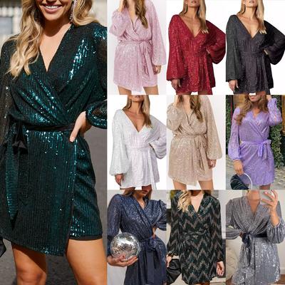 Minivestido cruzado brillante Estilo de mujer Cuello en V Manga larga Manga abullonada Lentejuelas envolventes Ropa de fiesta