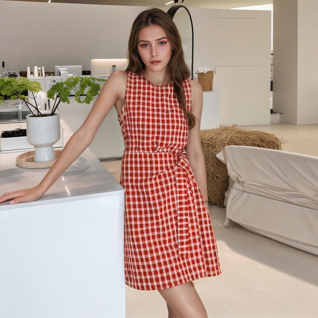 Kvinners sommer casual midje midje rutete vest ermeløs kjole