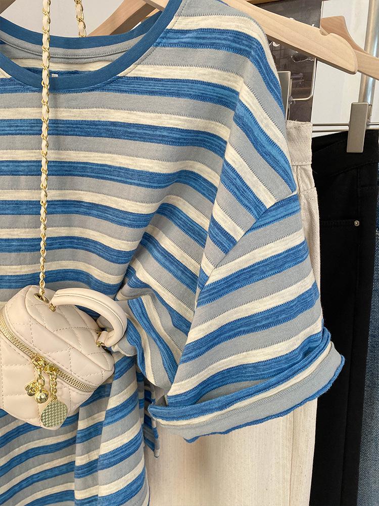 Plus Size Green Striped Short Sleeve Women's Summer T-Shirt - Lightweight, Loose Fit