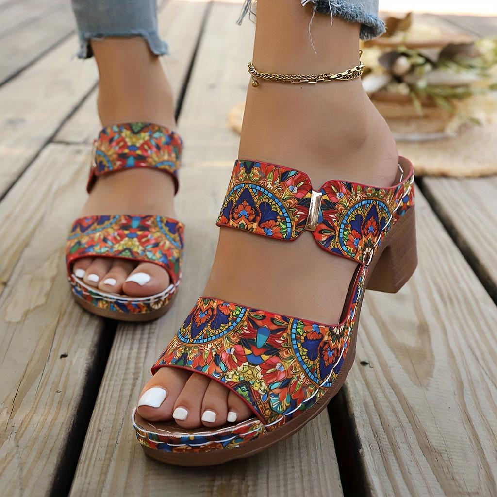 Women's Bohemian Mosaic Print Round-Toe Mule Slides - Vibrant Multicolor - PU Cover Upper & Cushioned Insole - Lightweight Comfortable for Summer