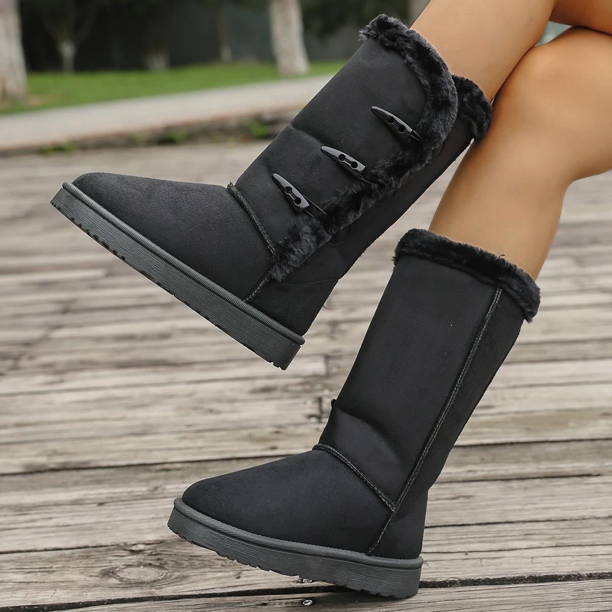 

Fashion 2025 New Women Flock Fluffy Suede Snow Boots Winter Thick Sole Platform Cotton Shoes Women Comfortable Round Toe Warm Boots 42 чёрный