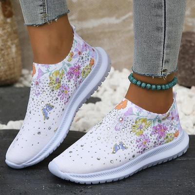 Mocassins en maille respirante à imprimé floral pour femmes, grande taille, chaussures de marche à enfiler pour l'automne