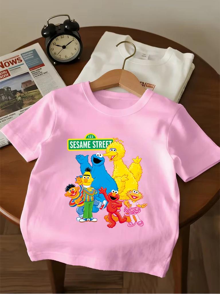 Cute Sesame Street Cartoon Short Sleeve Tee For Children Summer Casual Crewneck Top Boys Girls Age 3-14