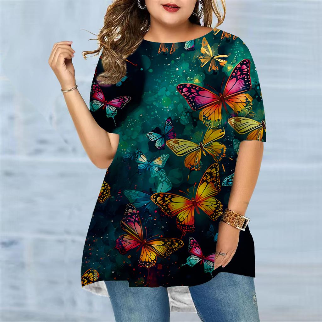 Damski T-shirt w dużym rozmiarze na lato z marzycielskim nadrukiem motyli, wygodny, z krótkim rękawem i okrągłym dekoltem, casualowy, luźny, o średniej długości
