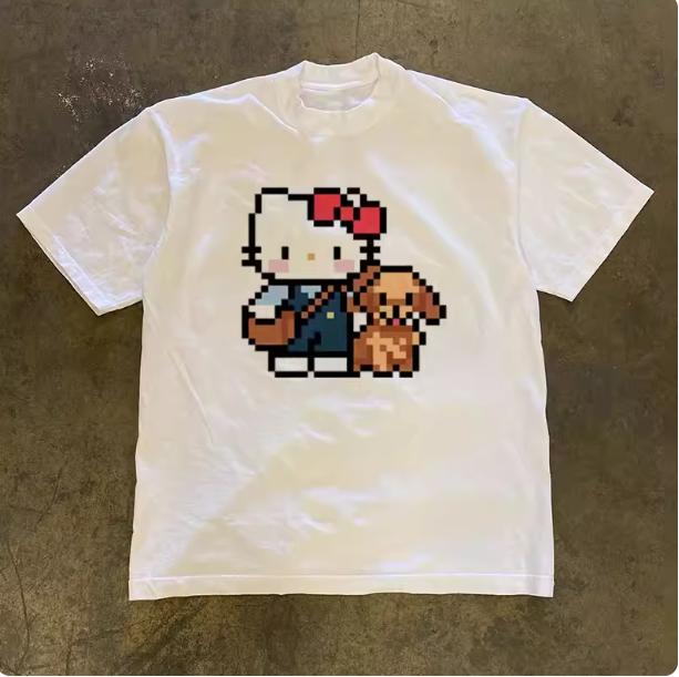 

Shiya Luos 2026 Summer Comic Character Hello Kitty Pattern Cotton Printed Casual Womens Tshirt Suitable for Adults S