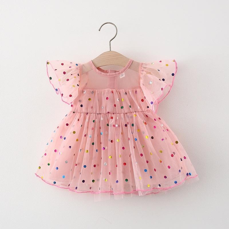 Summer New Year-old Girl Baby Wave Point Fluffy Mesh Skirt Baby Girl Flying Sleeve Princess Skirt Fairy Girl Skirt