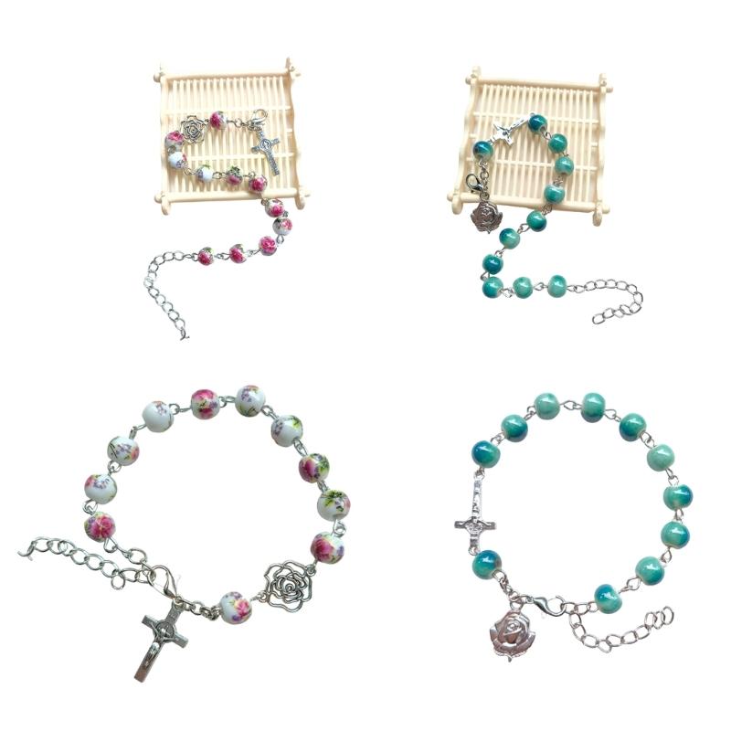 Handmade Round Beads Bracelets Catholic Rosarys Beads Crosses Religious Pendants Bracelets Catholic Jewelry Gift