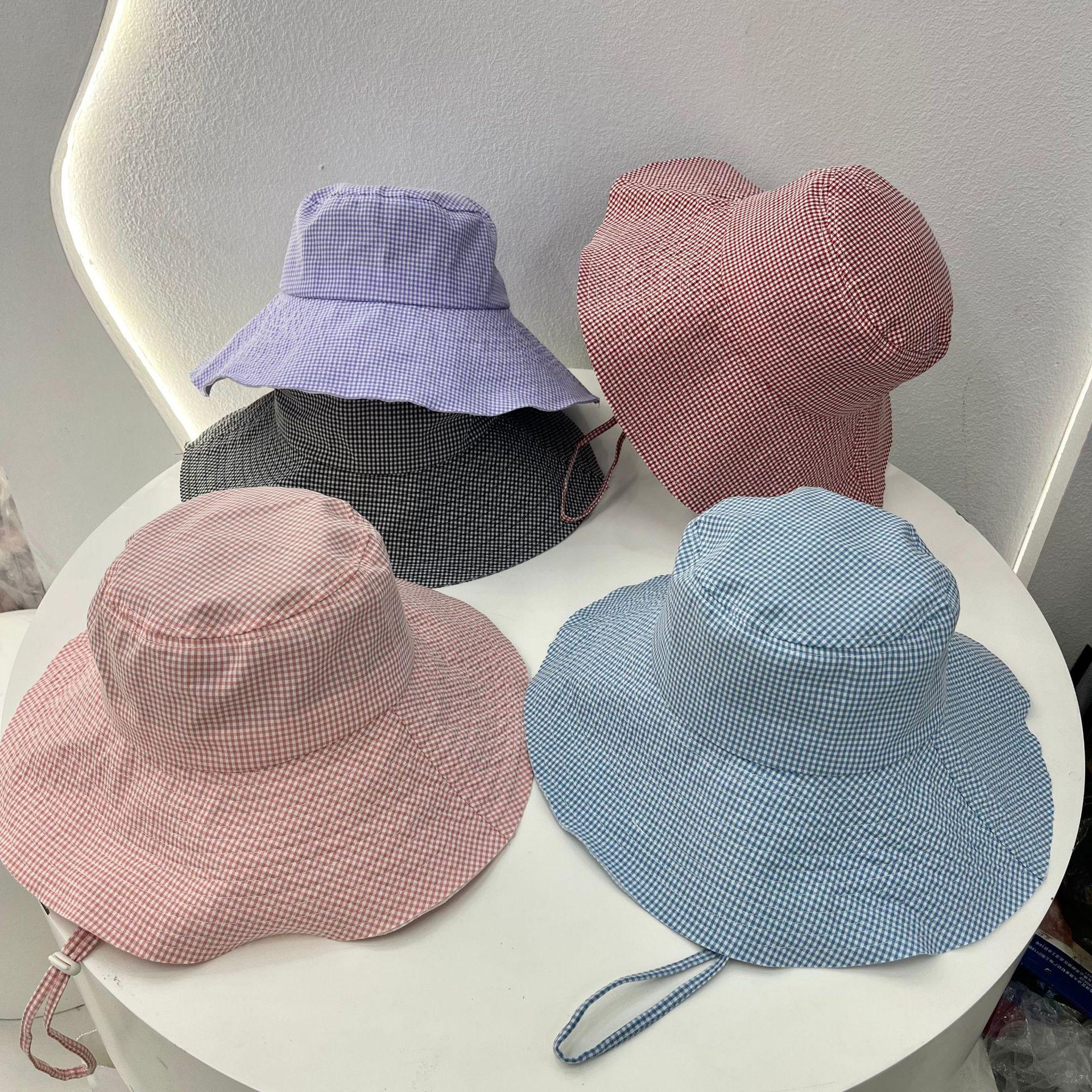 

Big brim plaid bucket hat women s summer travel versatile face small sunscreen thin hat face mask sun hat tide Adult (56-58cm) синій