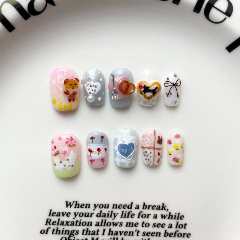 Hand-Painted Press-On Nails Short Square Cat Eye Design Cute Kawaii Style Wearable Nail Tips Women Teens