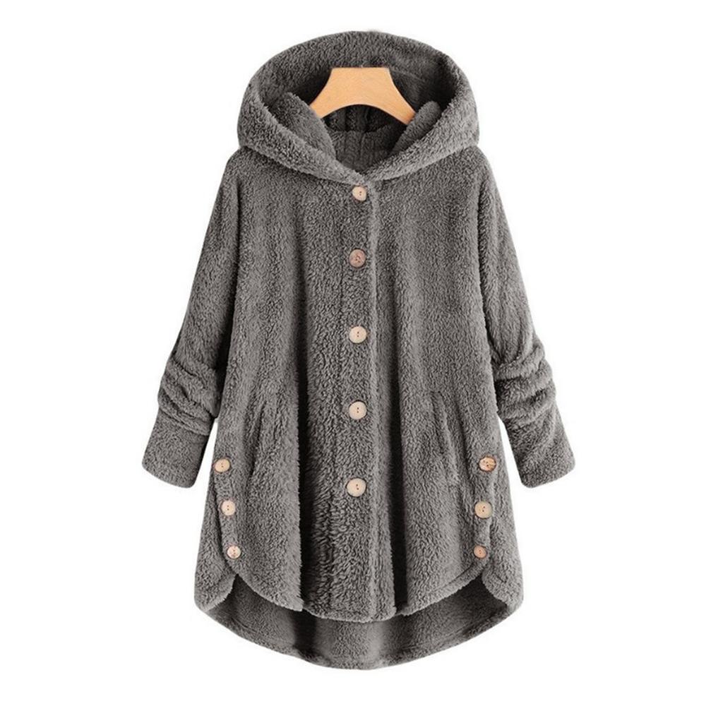 Women's Fashion Solid Color Button Hooded Plush Loose Casual Jacket