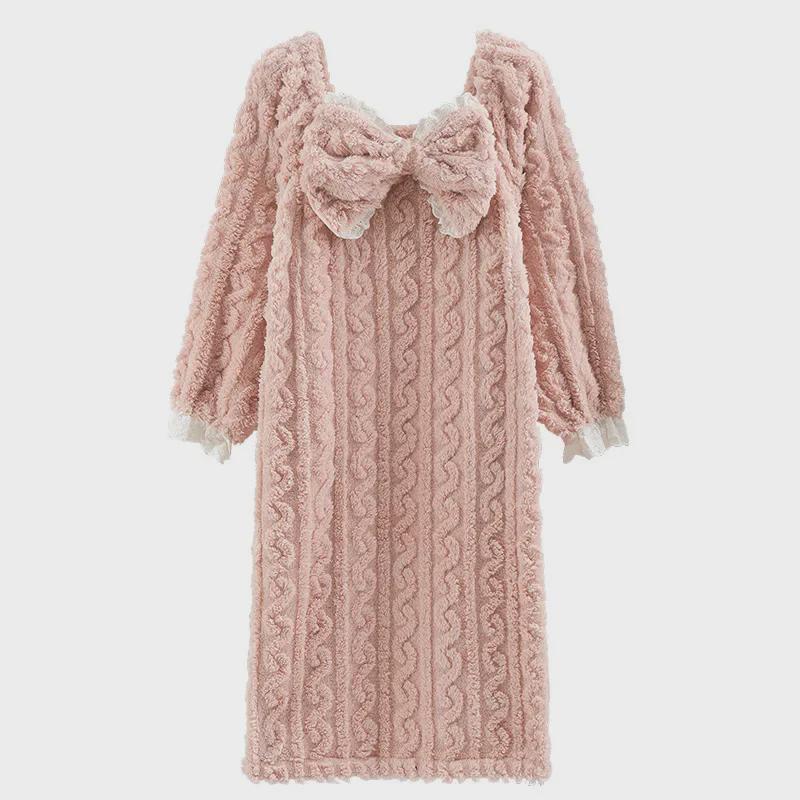 Women's Long Sleeve Fleece Nightdress - Warm, Over-the-Knee, Thick Plus Velvet Flannel, Large Size.