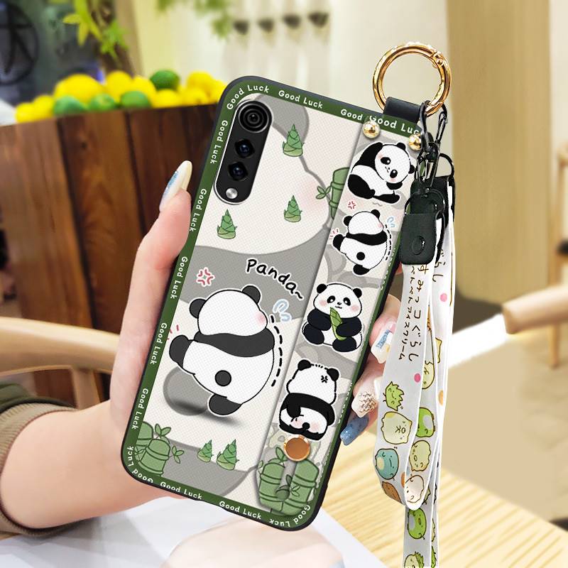 Shockproof Wrist Strap Phone Case For LG Velvet 4G/5G Silicone Soft case Durable Kickstand Cartoon Lanyard Panda Ring