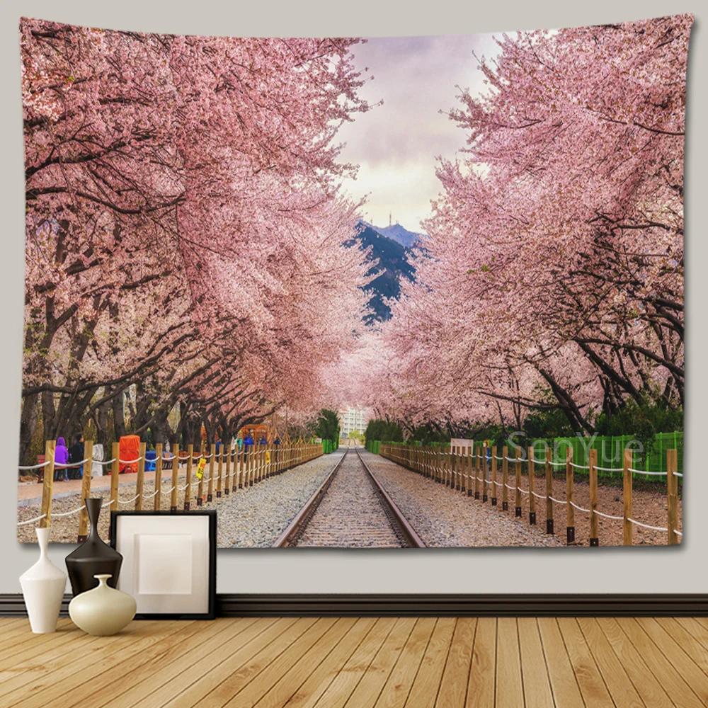 Cherry Blossom Decorative Wall Tapestry Home Decor Bedroom Landscape Large Fabric   Hanging Decoration  Murals
