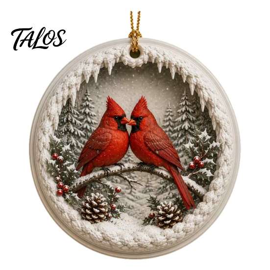 Decorative Christmas Tree Accents Acrylic Red Bird Ornament, Snow Scene Pattern Xmas Pendants Hanging Decor, Retro Round Pendant for Winter