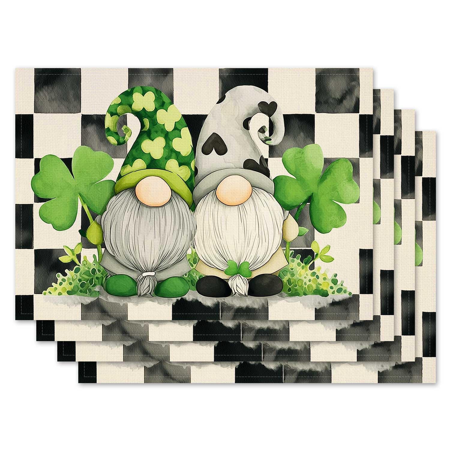 

St. Patrick s Day Gnome Placemat Set of 4 Placemats Shamrocks Buffalo Plaid Check Table Mats 12 x18 , Placemats Set of 4