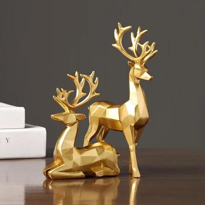 Noordse Kerst Rendier Beeldje 2 Stuks Geometrisch Hars Zittend Staand Eland Hert Beeld voor Huis Kantoor Decoratie Accessoires