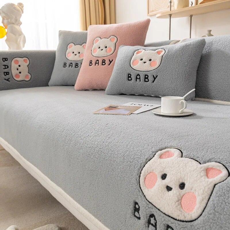 Lammwolle Warmer Samt Sofakissen Winter Verdickt Plüsch Cartoon Stickerei Sofabezug Dekorativ Staub Rutschfeste Rückenlehnenbezug