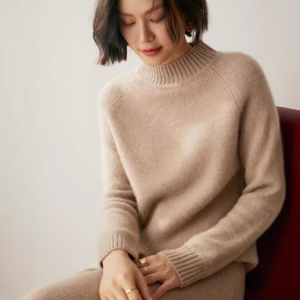 

2024 A/W Slim Fit Cashmere Sweater: Half-High Neck, Raglan Sleeve, Thick & Warm XL