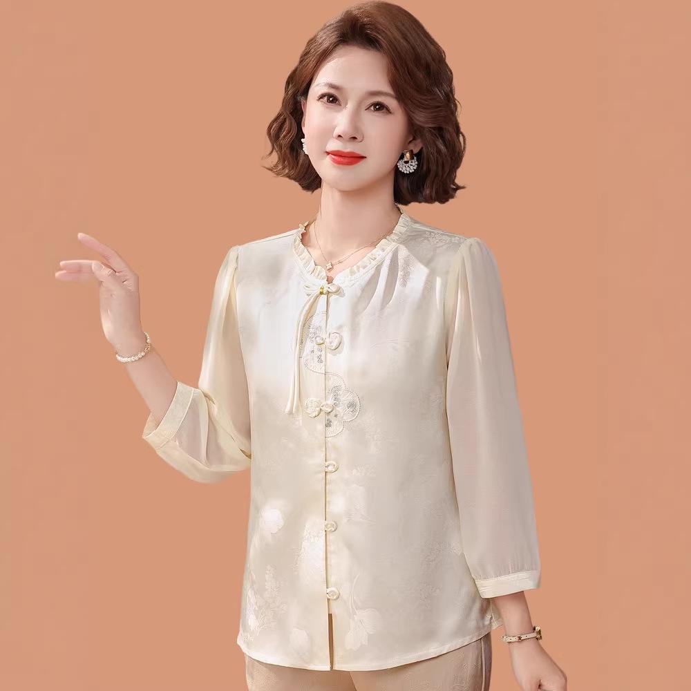 Mom's Spring 2026 Chiffon Blouse - New Chinese Style Fashion for Middle-Aged and Elderly Women