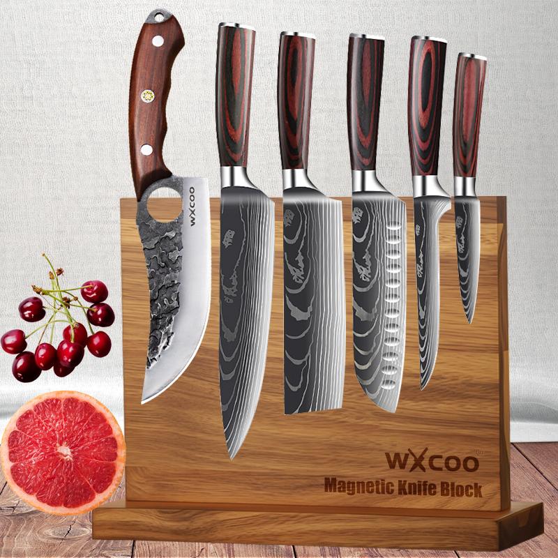 Japanese Santoku Knives Damascus Steel Pattern Chef Knife Butcher Cutting Meat Double-sided Magnetic Knife Block