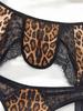 Splicing  Leopard Print Set Low Cut Gathering Lingerie Three Piece Set Underwear