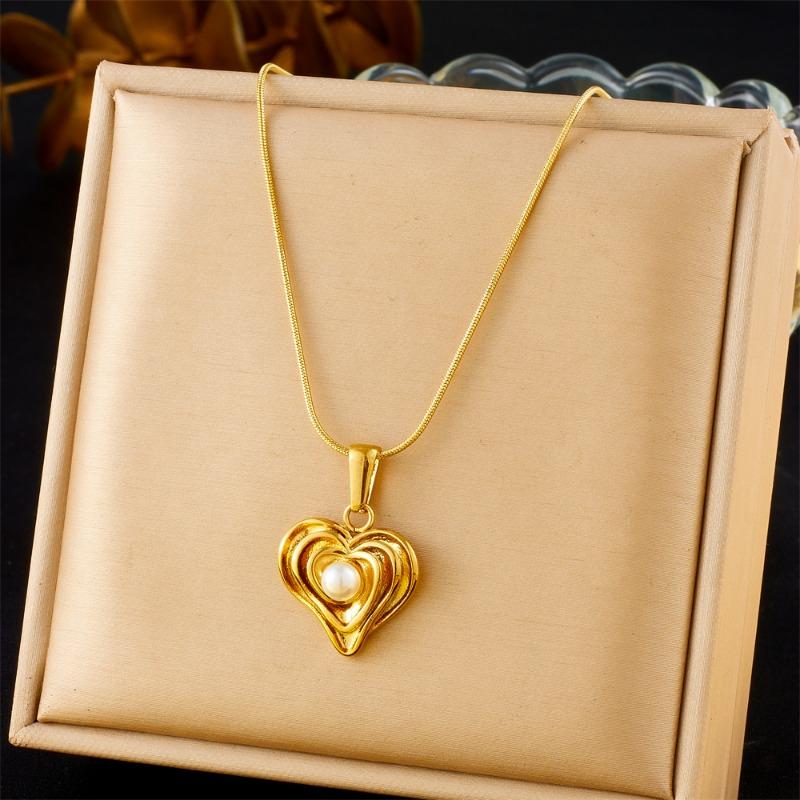 Gold Plated Snake Chain Necklace with Layered Heart and Pearl Pendant Fashion Jewelry for Women