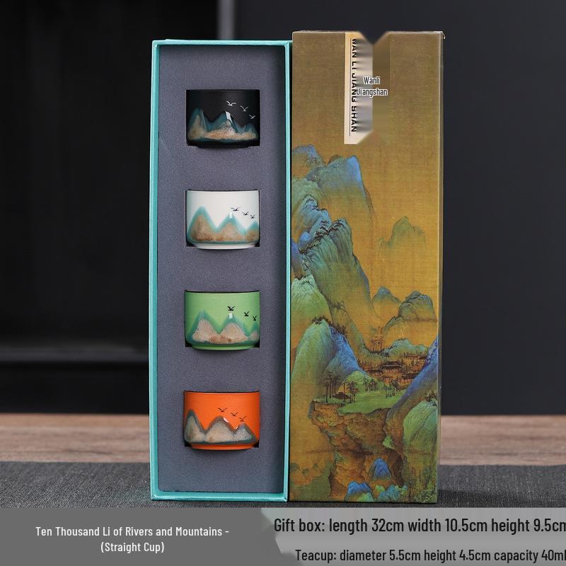 Guochao Hand-Painted Ten Thousand Li Rivers & Mountains Tea Set - Creative Gift Box with Tea Cups