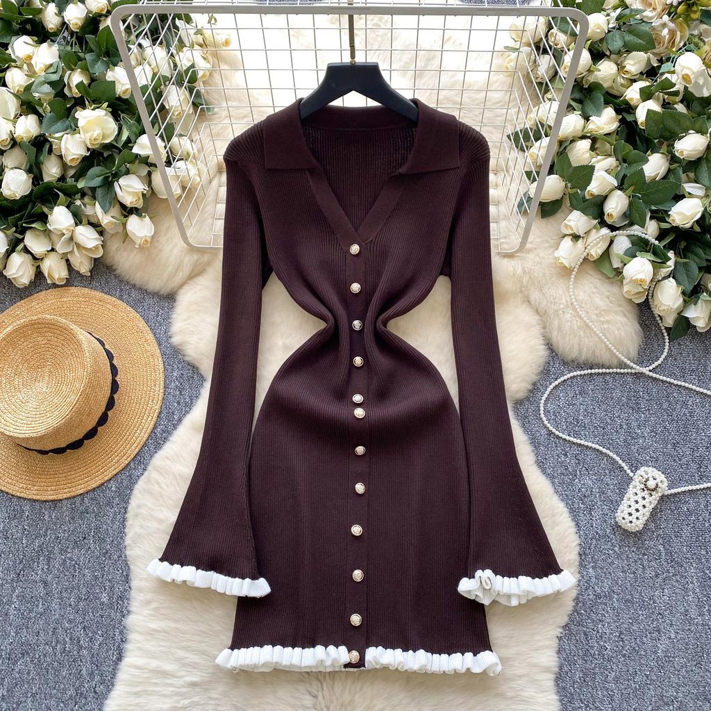 Elegant Knitted Dress for Women Autumn New Ruffle Edge V-neck Slim Long Sleeve Mid Length Ladies Evening Dresses Knitted Sweater