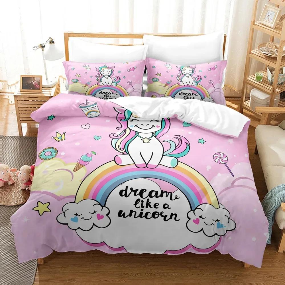 Dětské povlečení s duhovým jednorožcem Kawaii kreslená zvířátka Povlečení pro kluky a holky 2/3dílné Sady povlaků na přikrývku velikosti Twin Single Double Queen