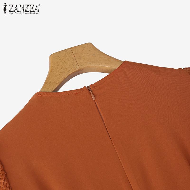 ZANZEA Elegant Ladies Round Neck Short Sleeve Collect Waist Patchwork Lace Dress