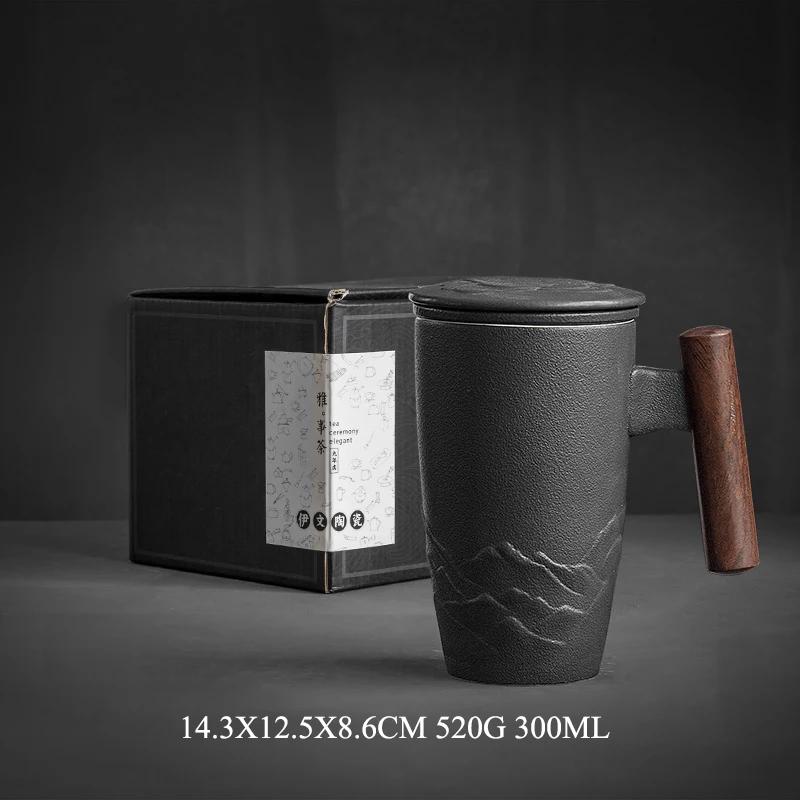 Luxury Retro Tea Cup Ceramic Mug Elegant Large Capacity Office Filter Black Water Cup with Cover Mugs Unusual Wooden Handle Cups Gift Ideas Box