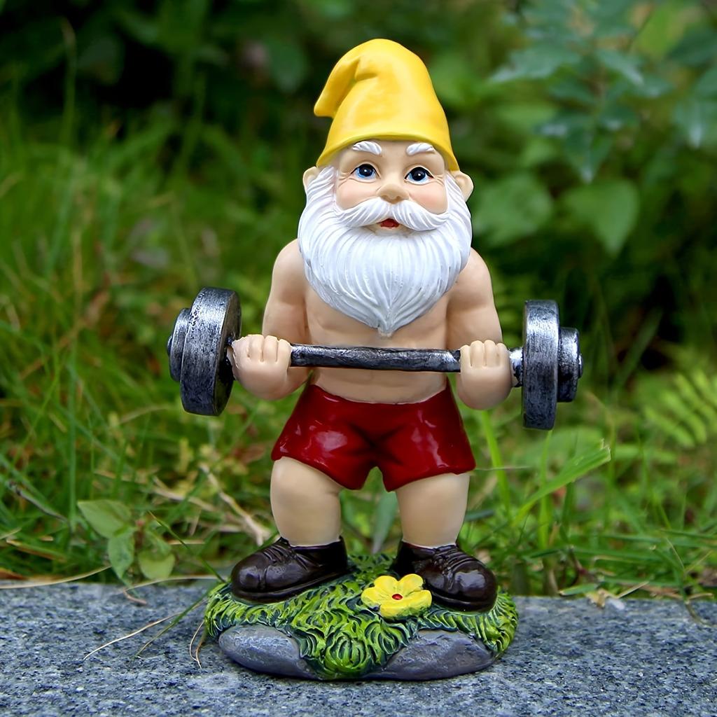 Outdoor Fun Fitness Dumbbell Weightlifting Gnome Courtyard, Lawn, Terrace, Indoor Gnome Statue Decoration