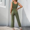 VEZFAA Women's Fashion Casual Summer Spring Solid Color Print Sleeveless V-Neck High Waist Trousers Jumpsuits & Rompers